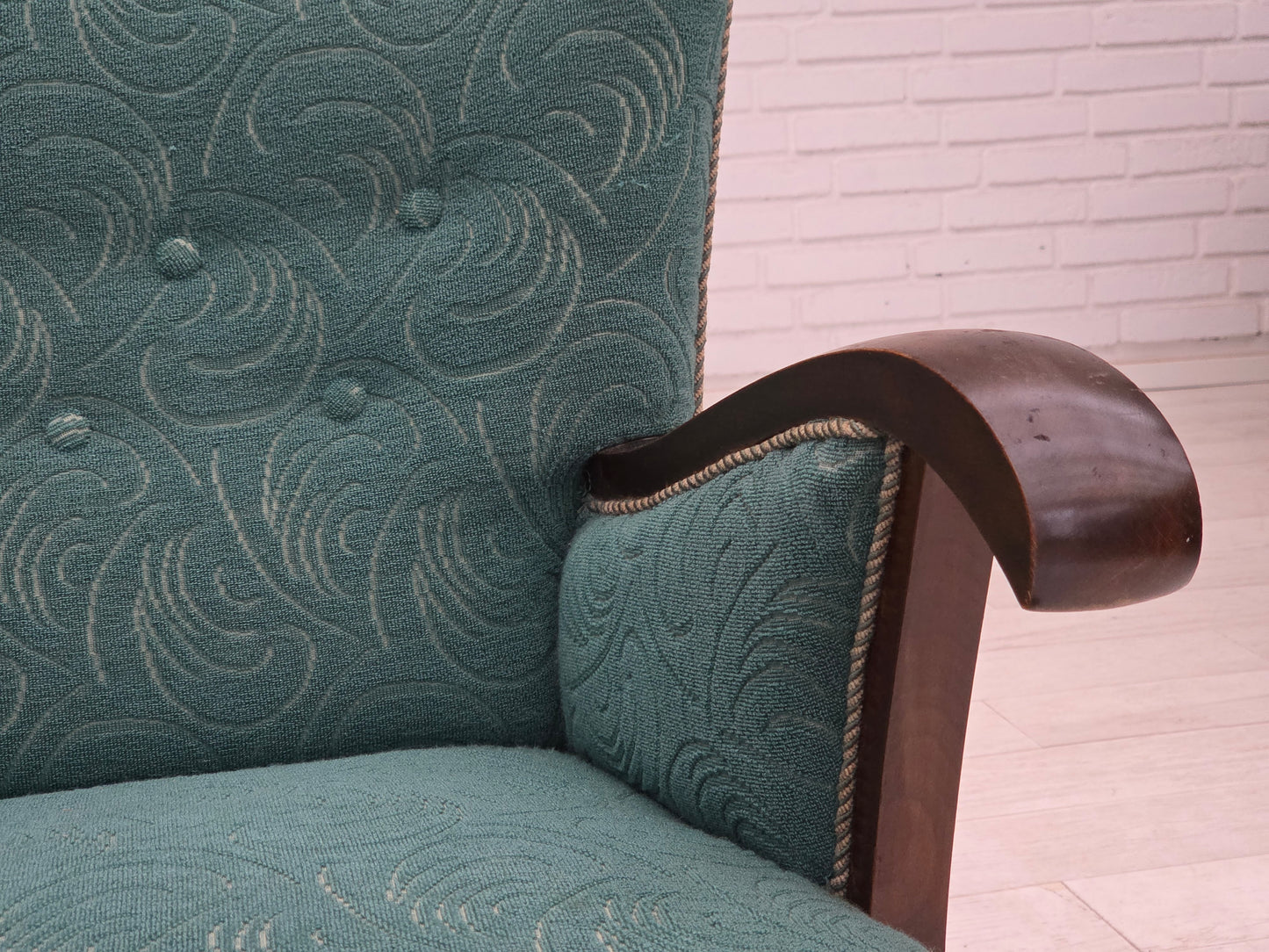 1950s, Danish armchair, original green/beige furniture wool, beech wood.