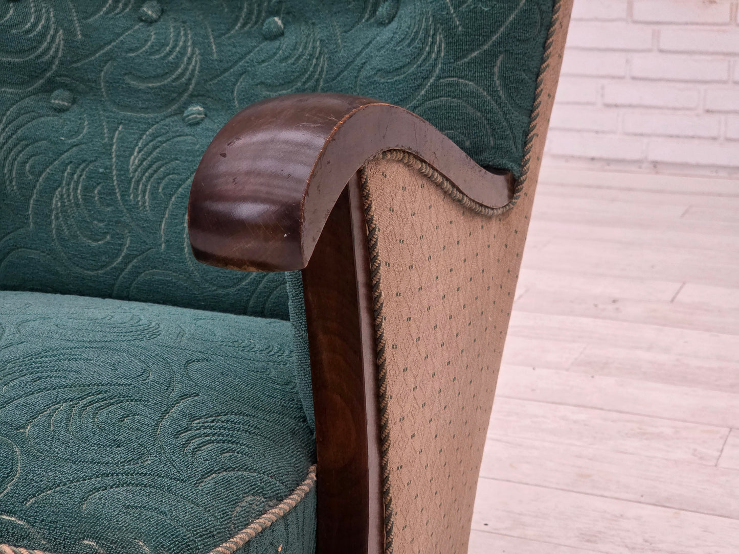 1950s, Danish armchair, original green/beige furniture wool, beech wood.