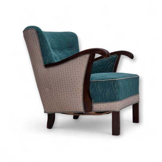 1950s, Danish armchair, original green/beige furniture wool, beech wood.