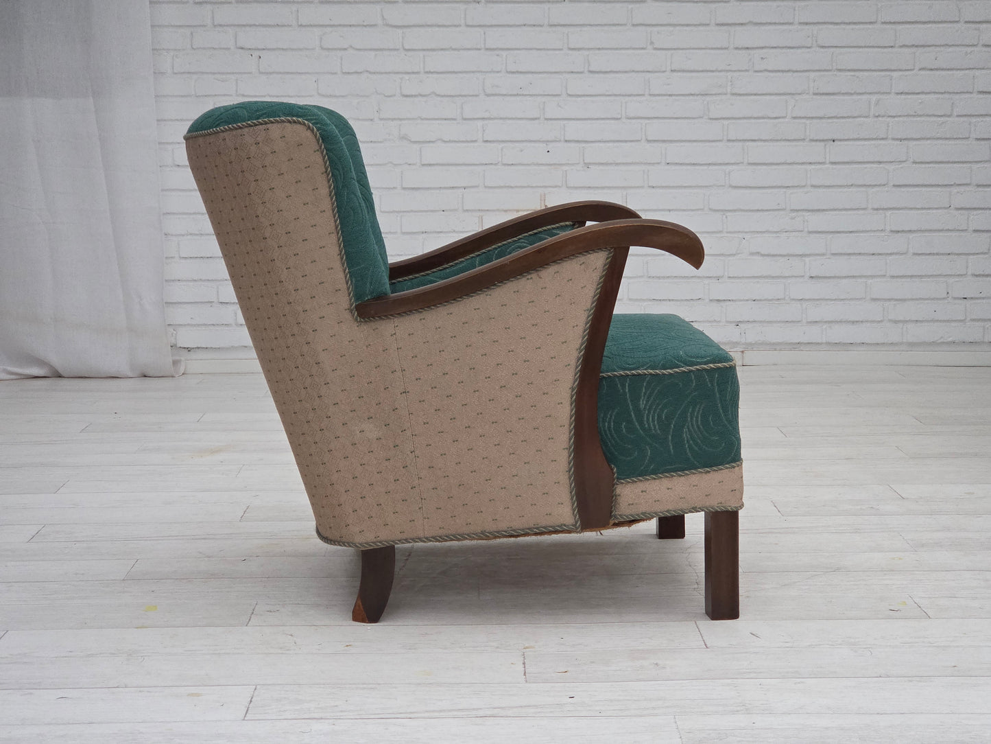 1950s, Danish armchair, original green/beige furniture wool, beech wood.