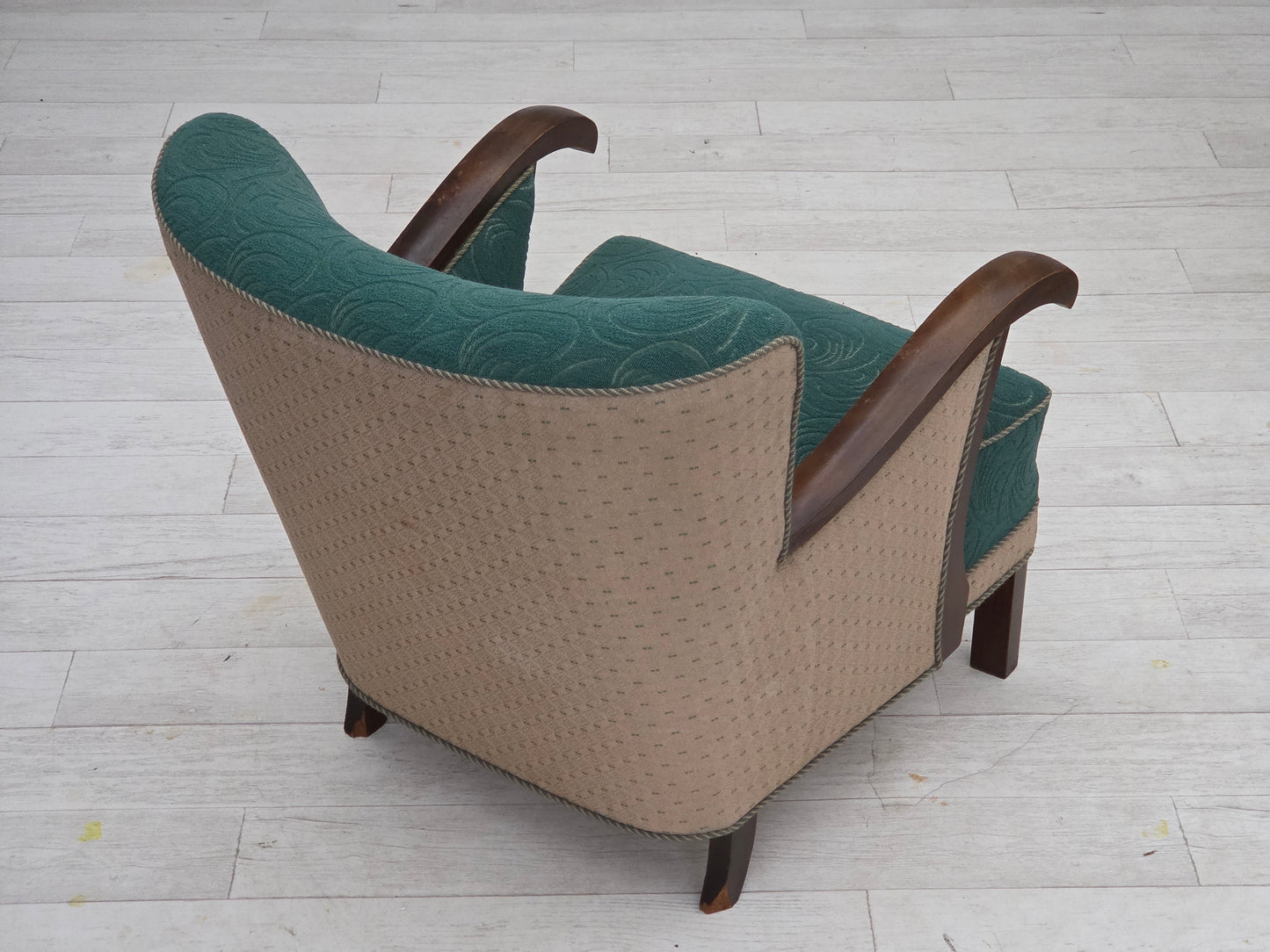 1950s, Danish armchair, original green/beige furniture wool, beech wood.