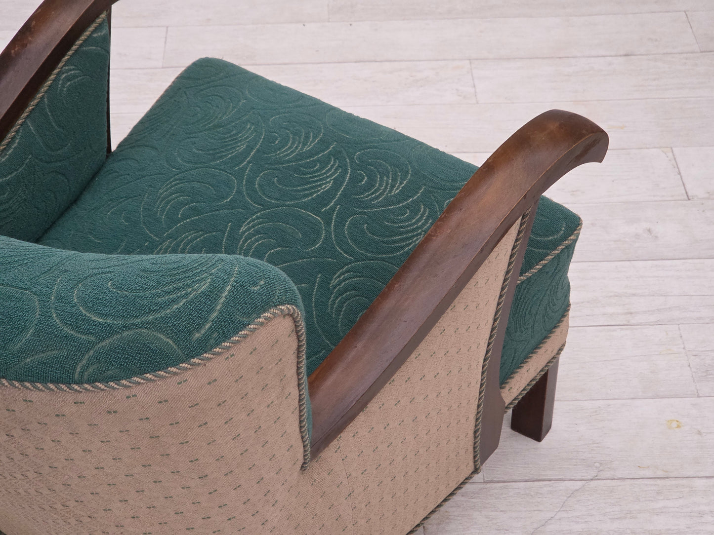 1950s, Danish armchair, original green/beige furniture wool, beech wood.