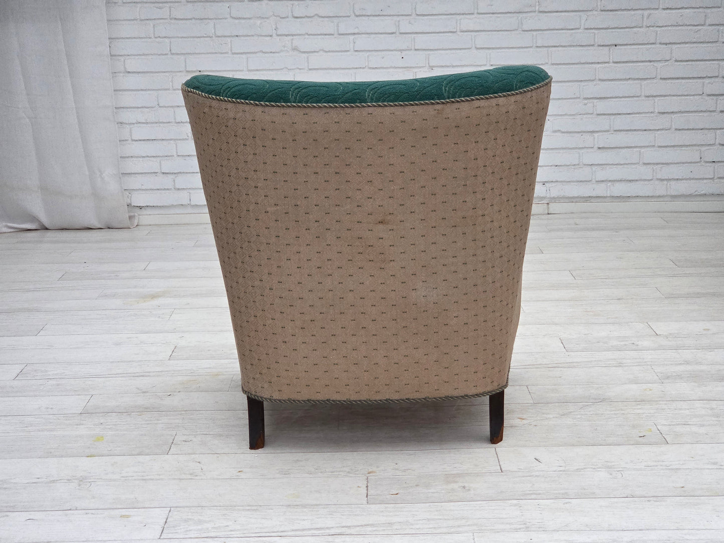 1950s, Danish armchair, original green/beige furniture wool, beech wood.