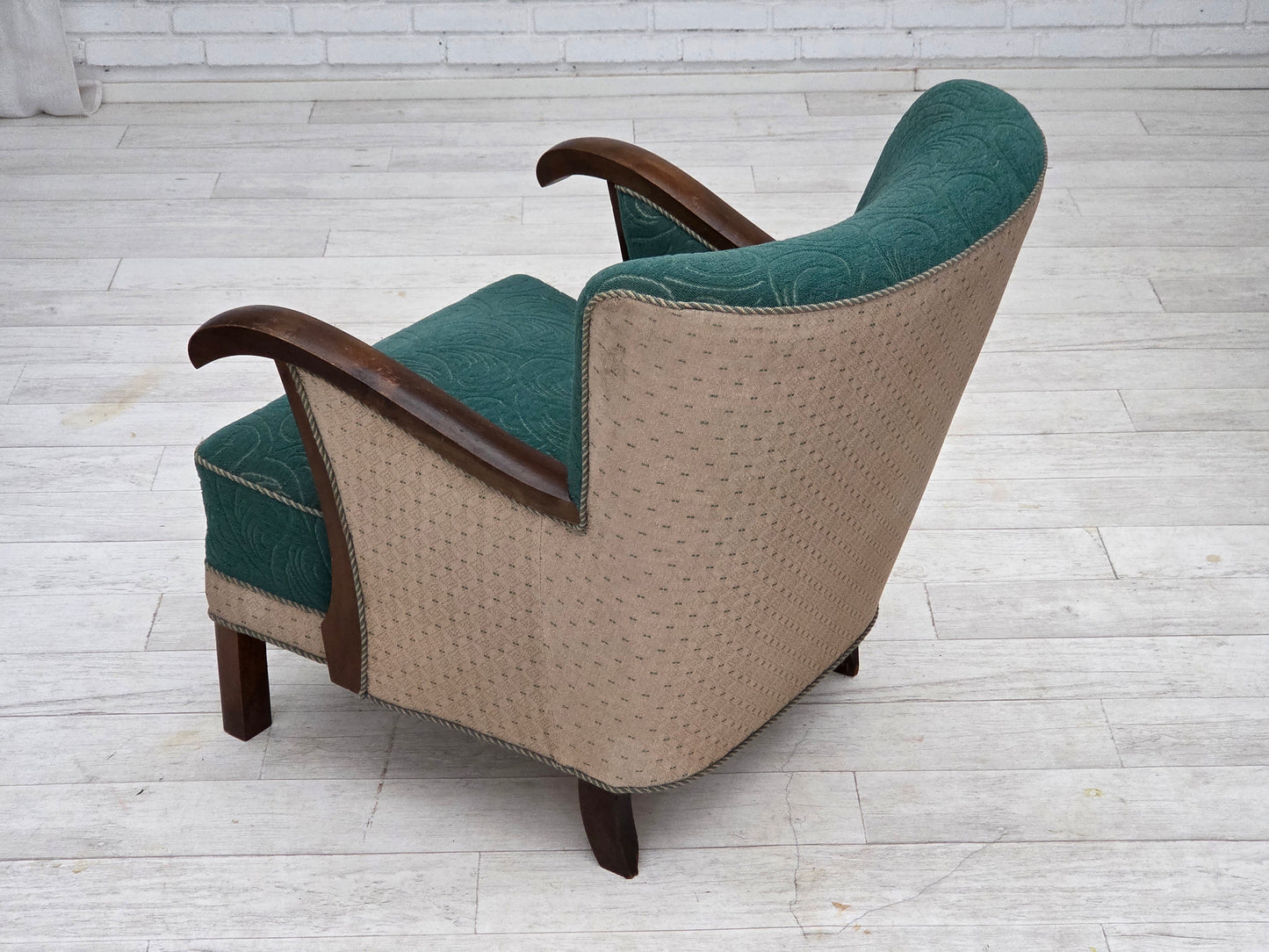 1950s, Danish armchair, original green/beige furniture wool, beech wood.