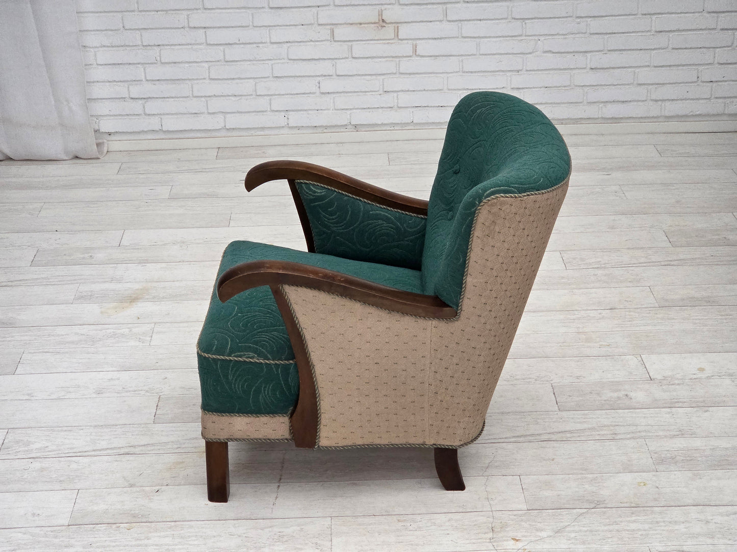 1950s, Danish armchair, original green/beige furniture wool, beech wood.