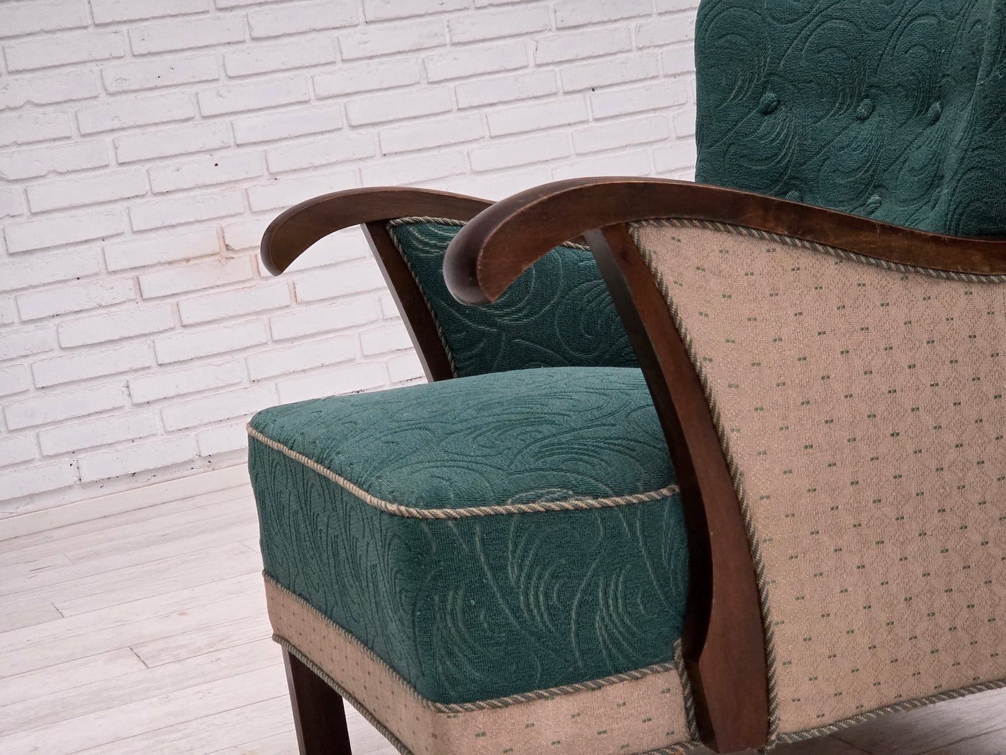 1950s, Danish armchair, original green/beige furniture wool, beech wood.