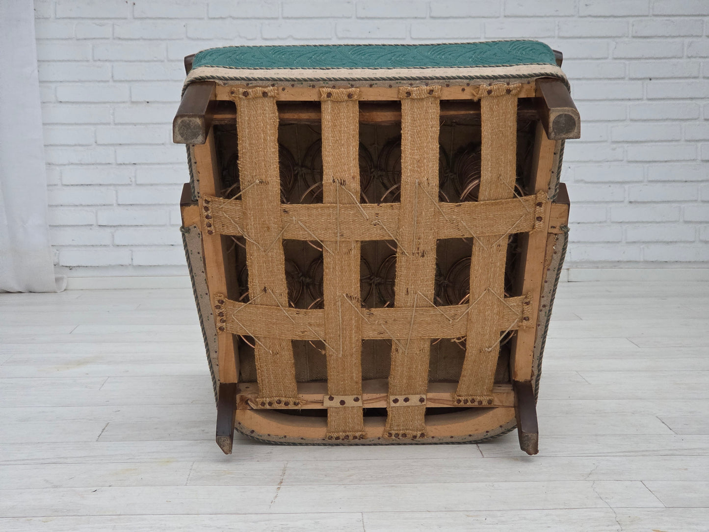 1950s, Danish armchair, original green/beige furniture wool, beech wood.