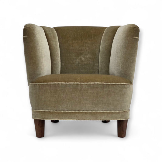 1970s, Danish armchair, original green furniture velour, oak wood.