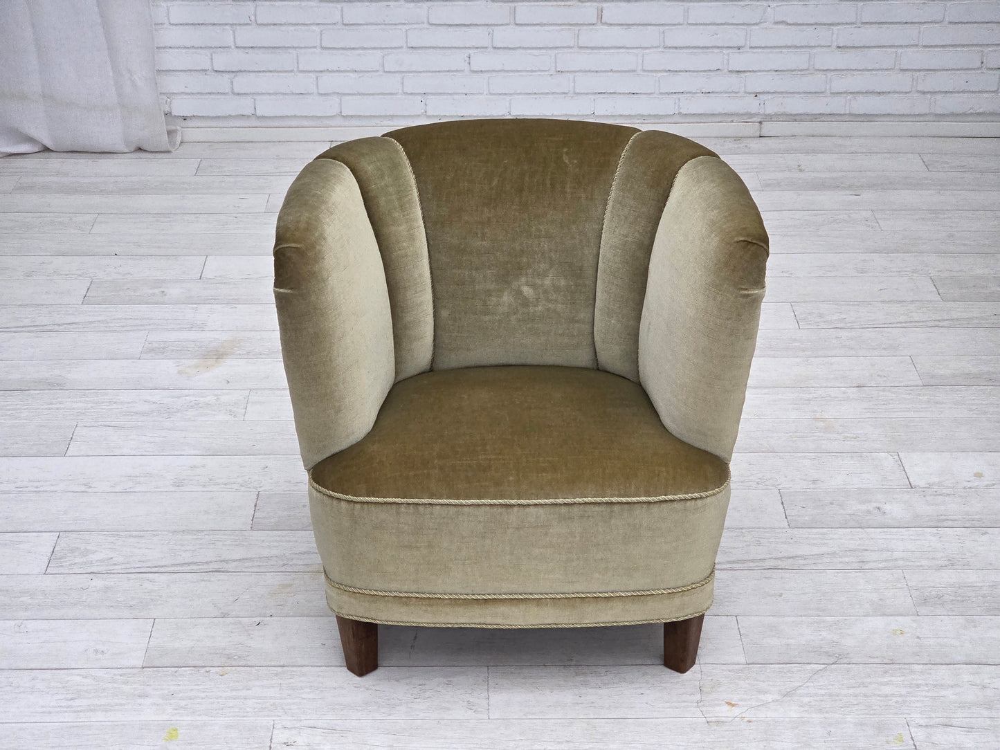 1970s, Danish armchair, original green furniture velour, oak wood.