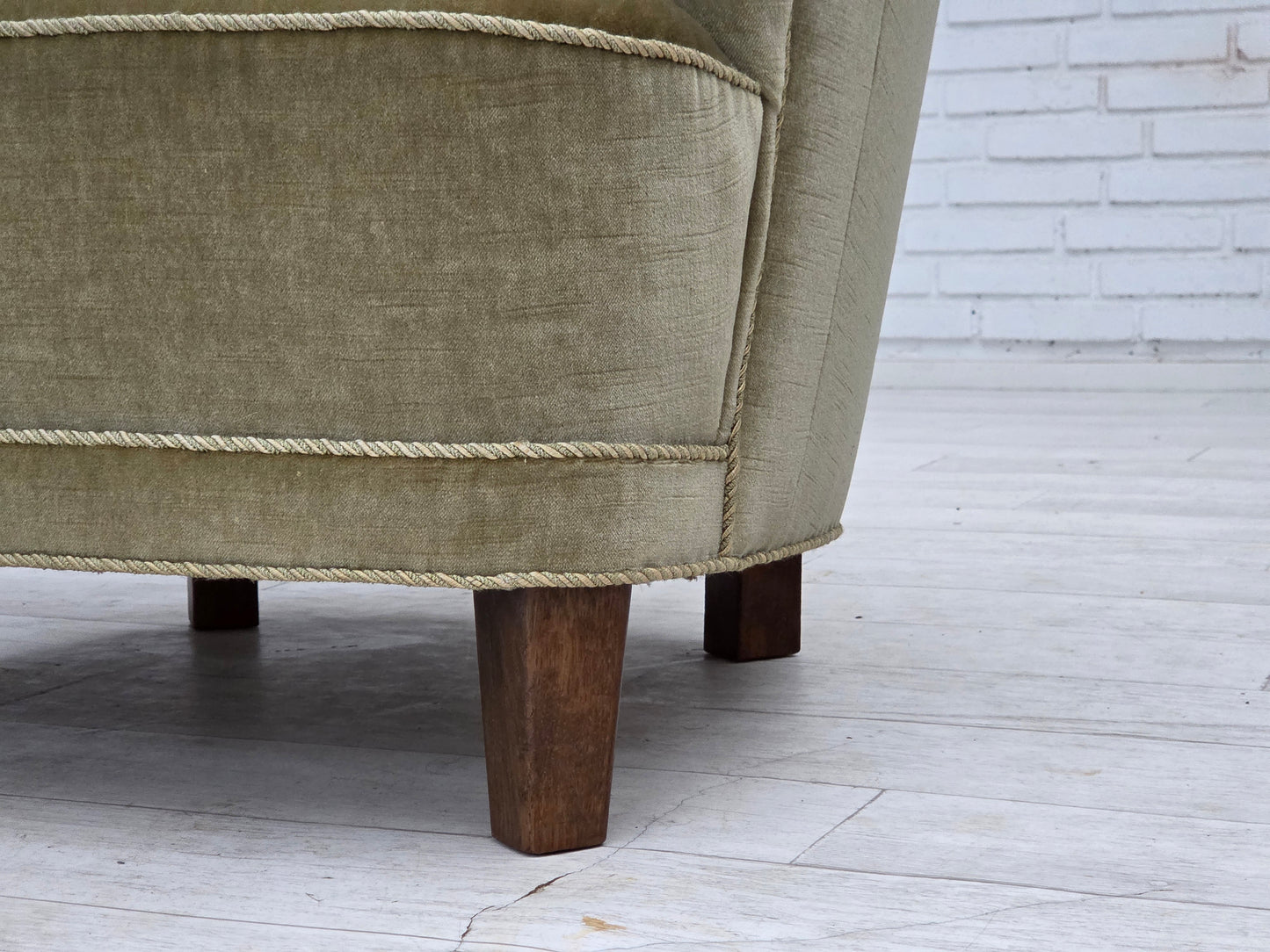 1970s, Danish armchair, original green furniture velour, oak wood.