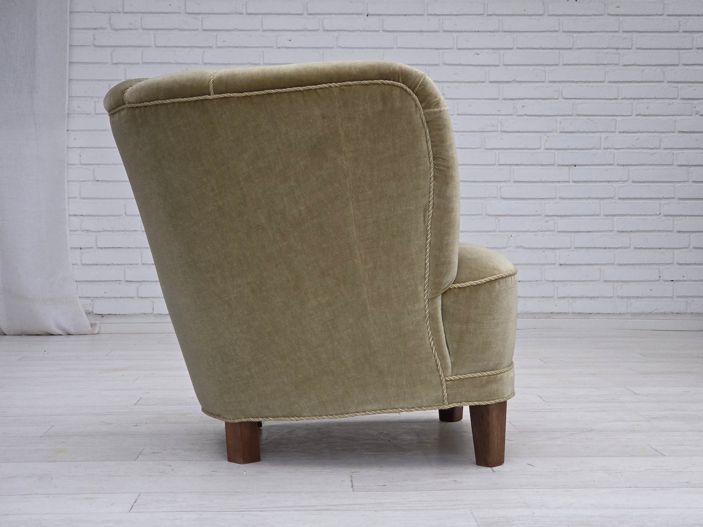 1970s, Danish armchair, original green furniture velour, oak wood.