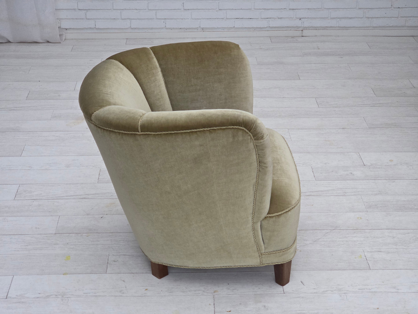 1970s, Danish armchair, original green furniture velour, oak wood.