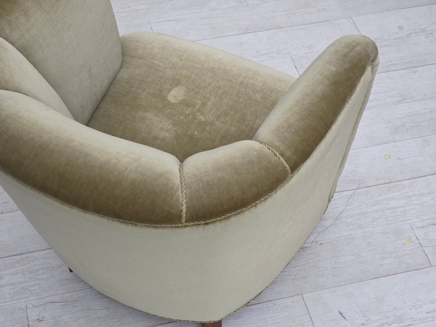 1970s, Danish armchair, original green furniture velour, oak wood.