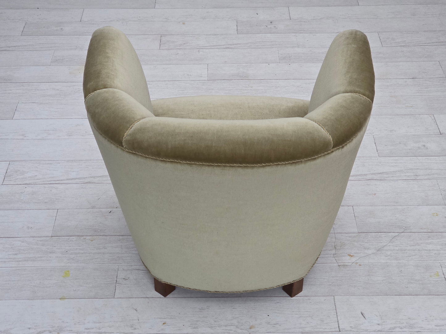 1970s, Danish armchair, original green furniture velour, oak wood.