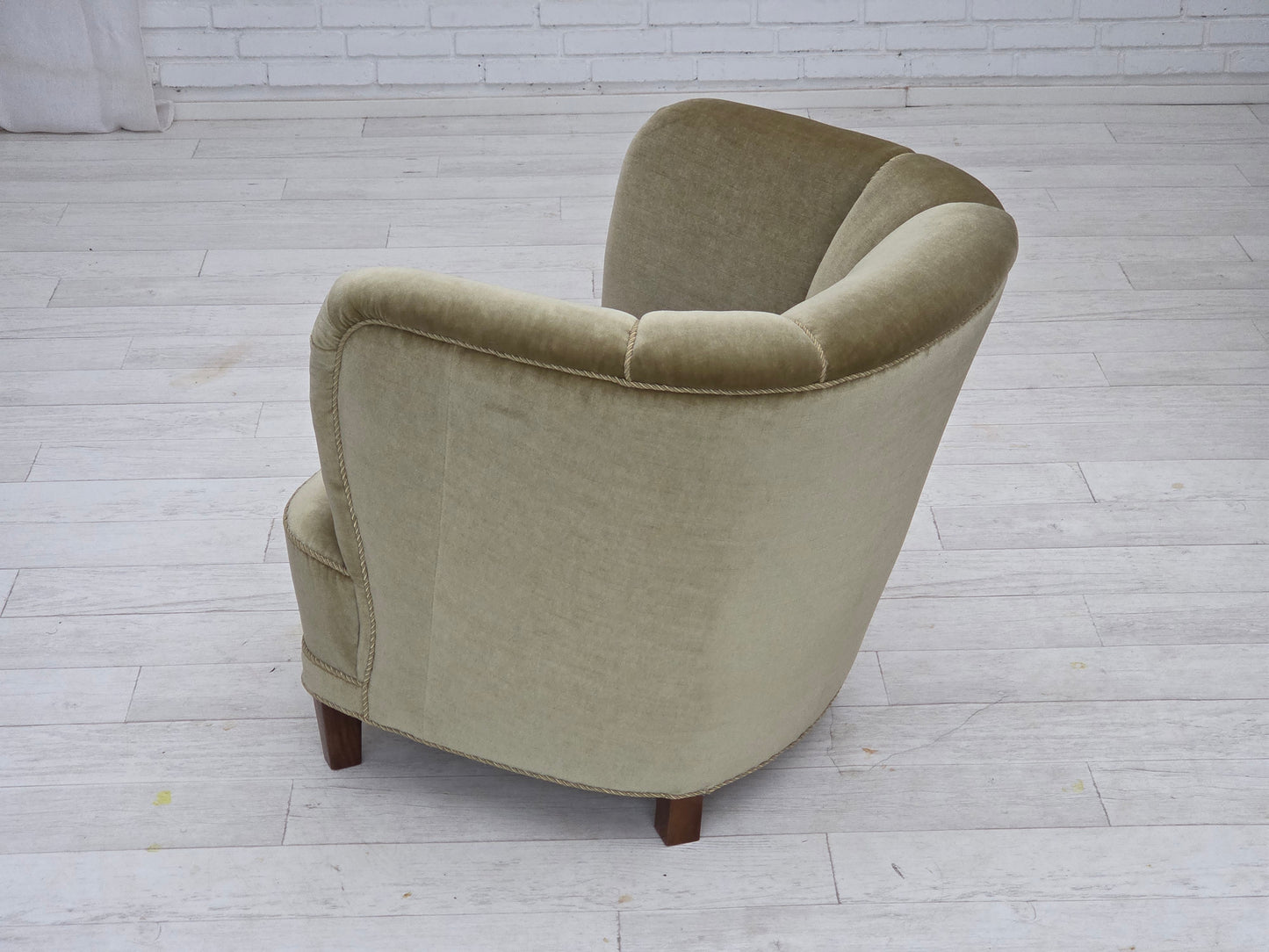 1970s, Danish armchair, original green furniture velour, oak wood.