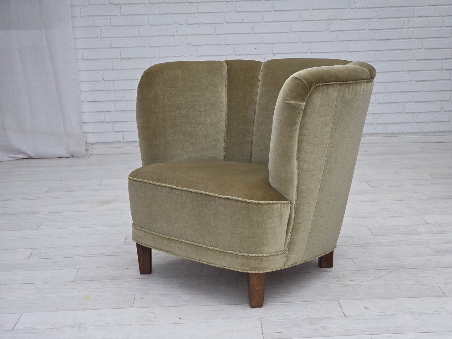 1970s, Danish armchair, original green furniture velour, oak wood.