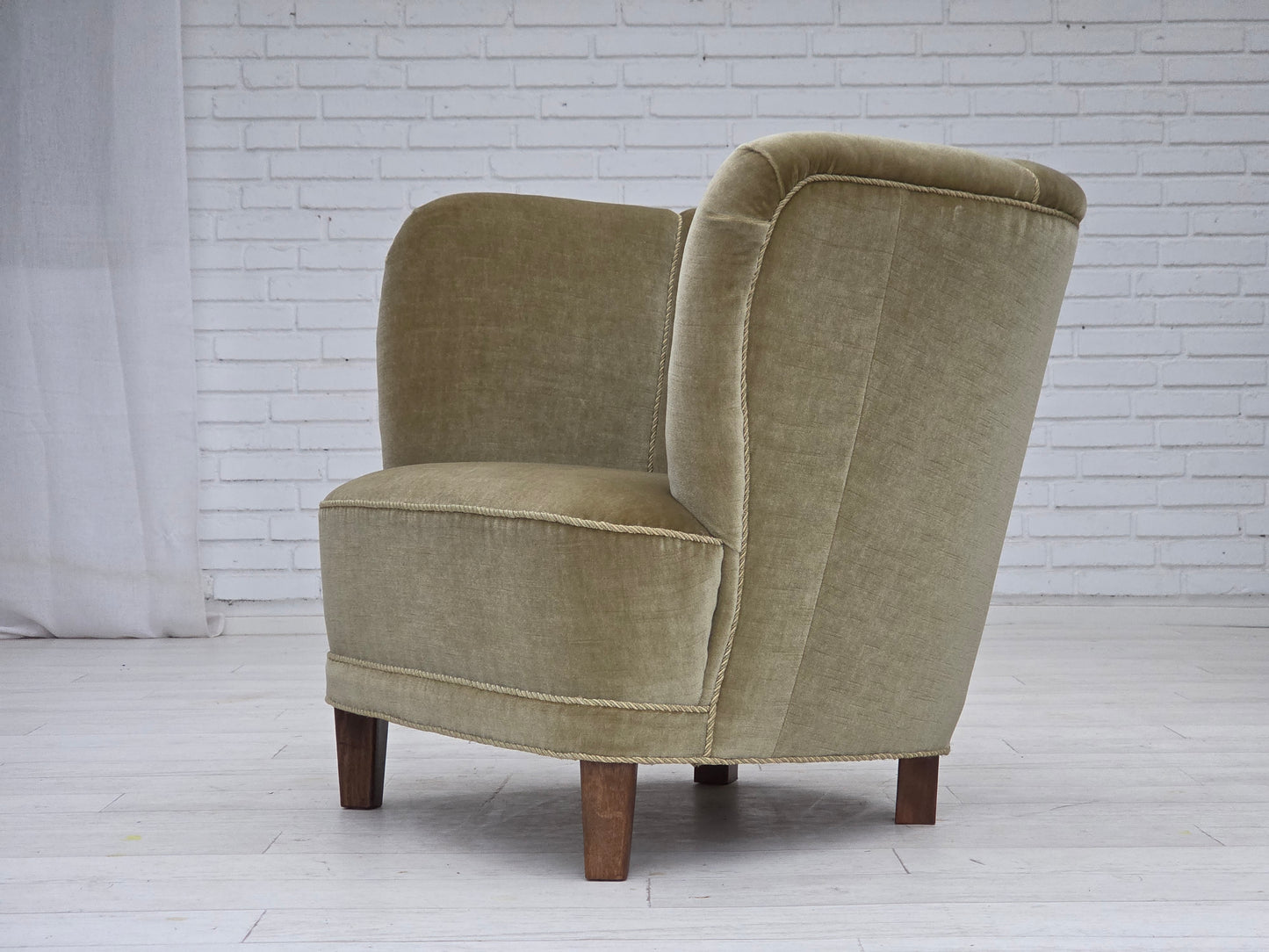 1970s, Danish armchair, original green furniture velour, oak wood.