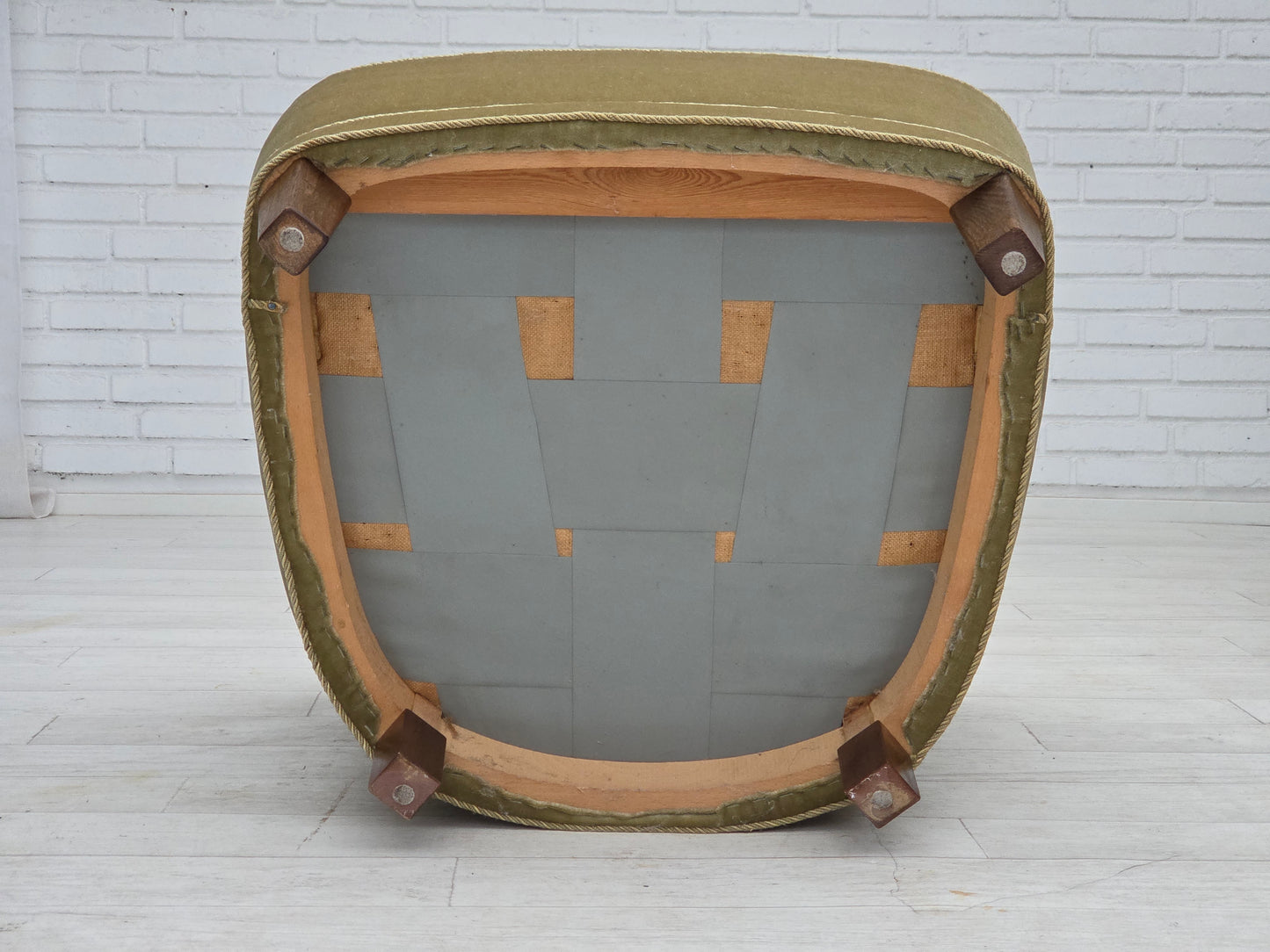 1970s, Danish armchair, original green furniture velour, oak wood.