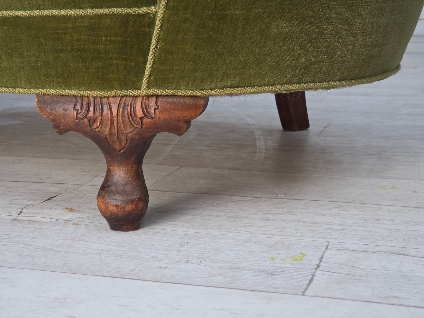 1960s, Danish curved 2-seater sofa, green furniture velour, oak wood legs.