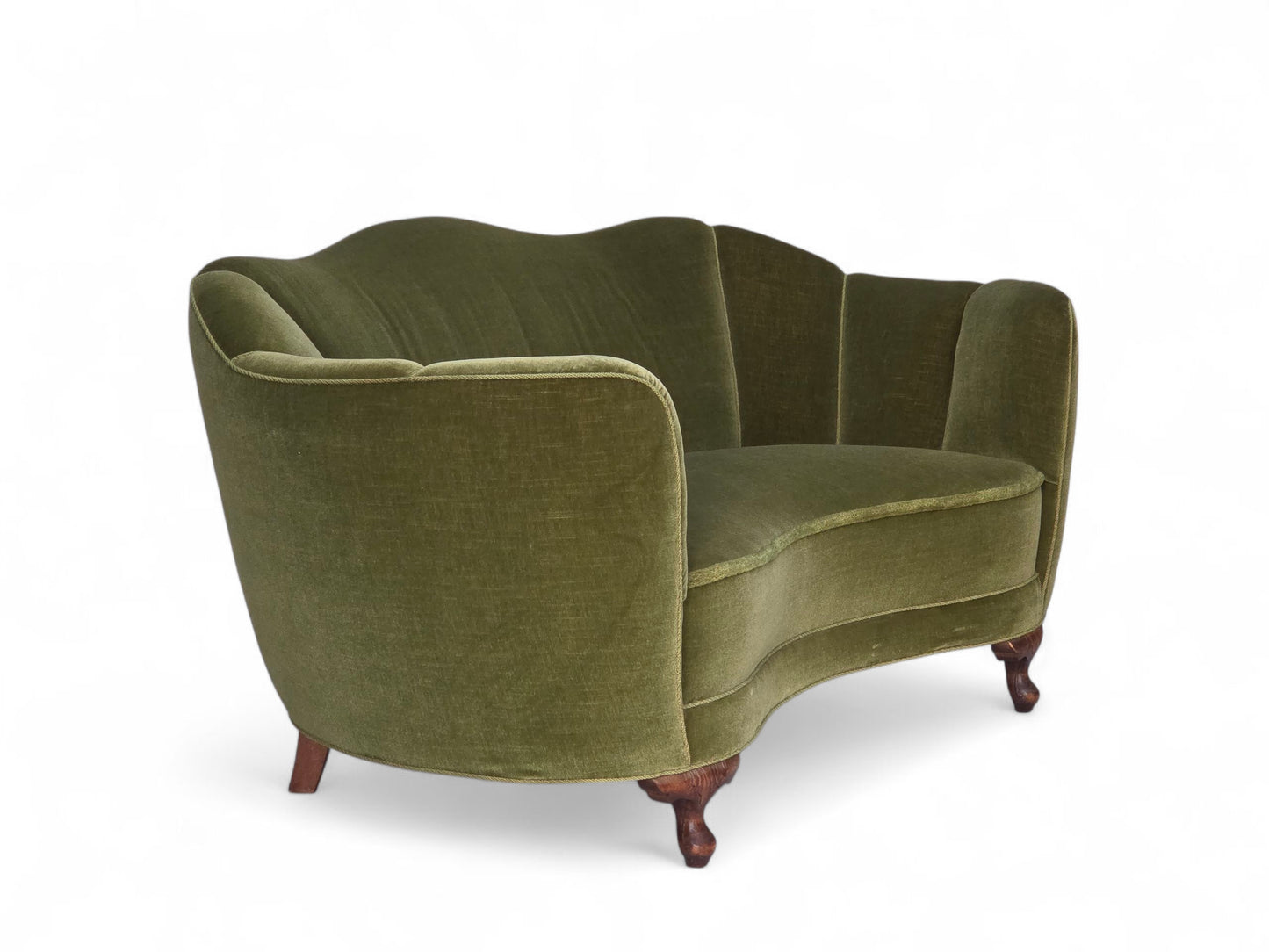 1960s, Danish curved 2-seater sofa, green furniture velour, oak wood legs.