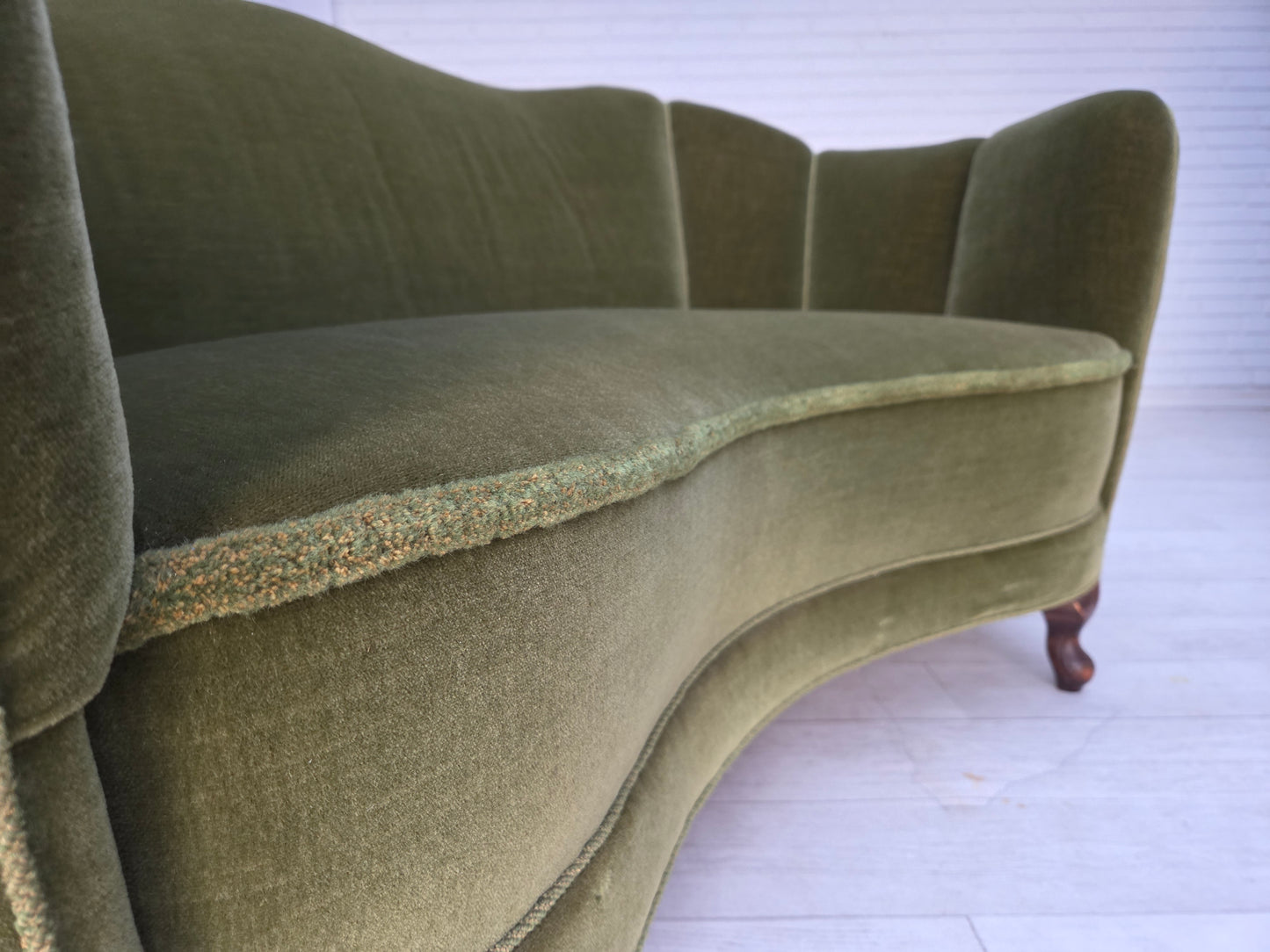 1960s, Danish curved 2-seater sofa, green furniture velour, oak wood legs.