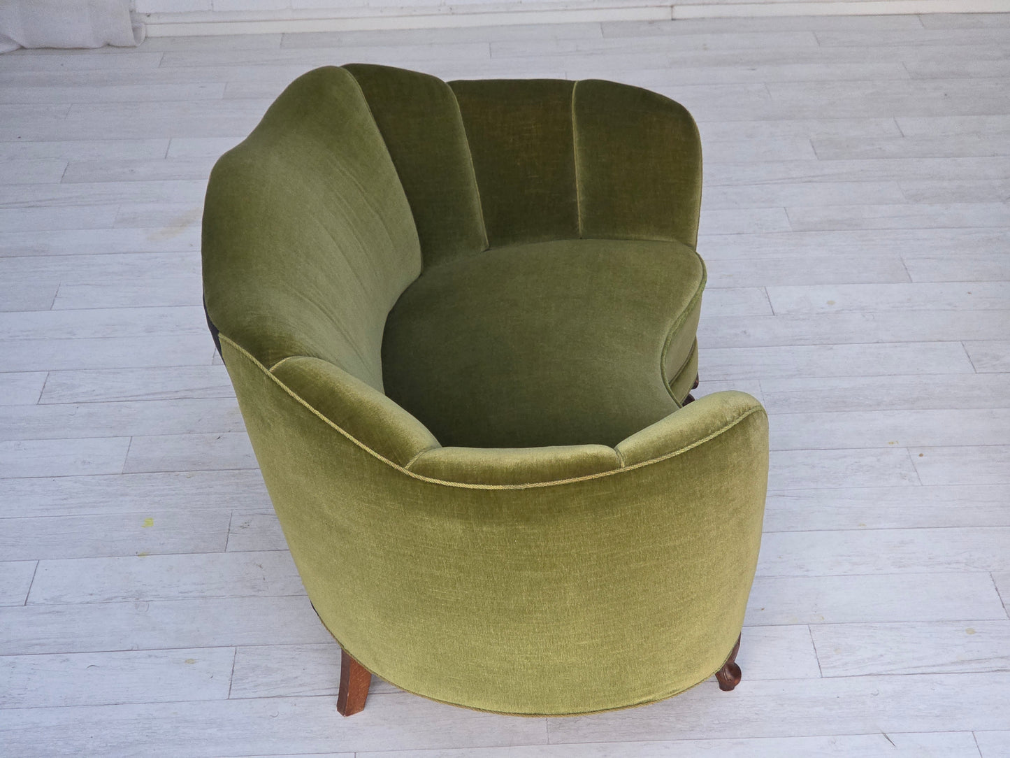 1960s, Danish curved 2-seater sofa, green furniture velour, oak wood legs.