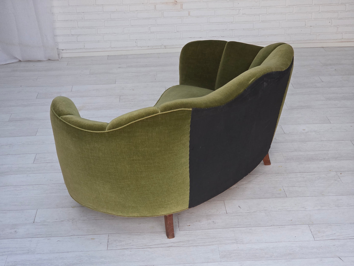 1960s, Danish curved 2-seater sofa, green furniture velour, oak wood legs.