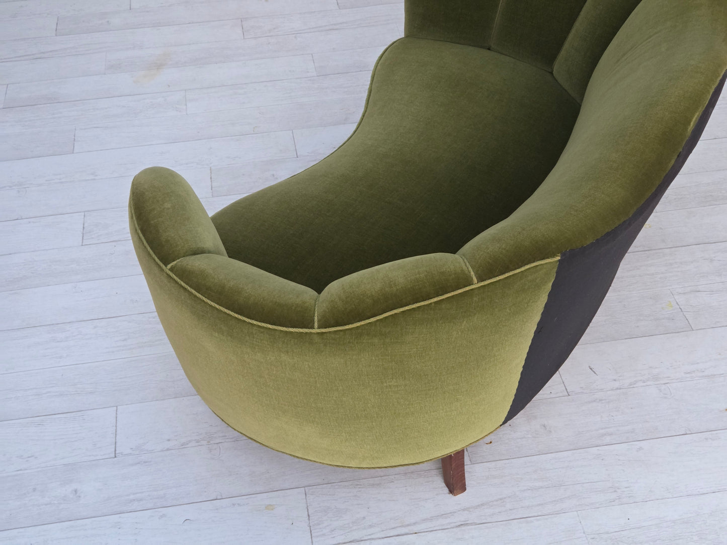 1960s, Danish curved 2-seater sofa, green furniture velour, oak wood legs.