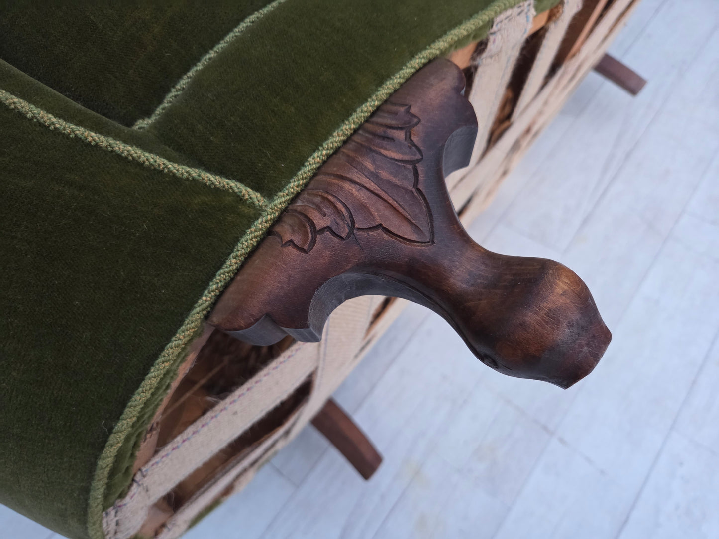 1960s, Danish curved 2-seater sofa, green furniture velour, oak wood legs.