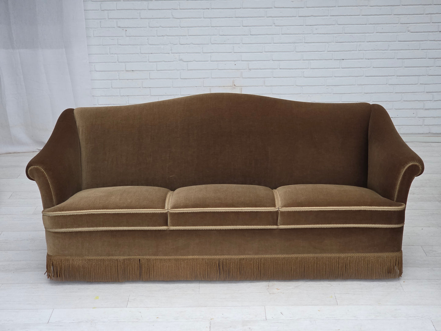 1960s, Danish 3-seater sofa, olive green furniture velour, beech wood.