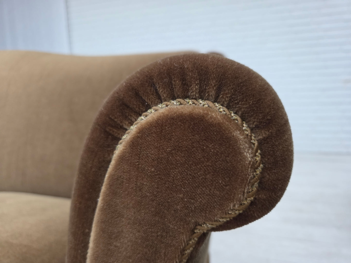 1960s, Danish 3-seater sofa, olive green furniture velour, beech wood.