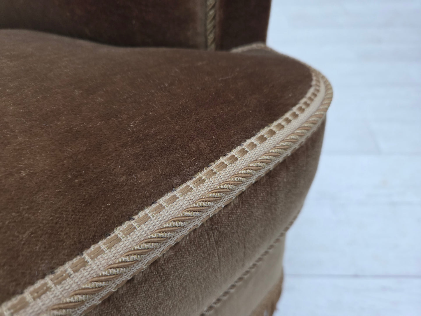 1960s, Danish 3-seater sofa, olive green furniture velour, beech wood.