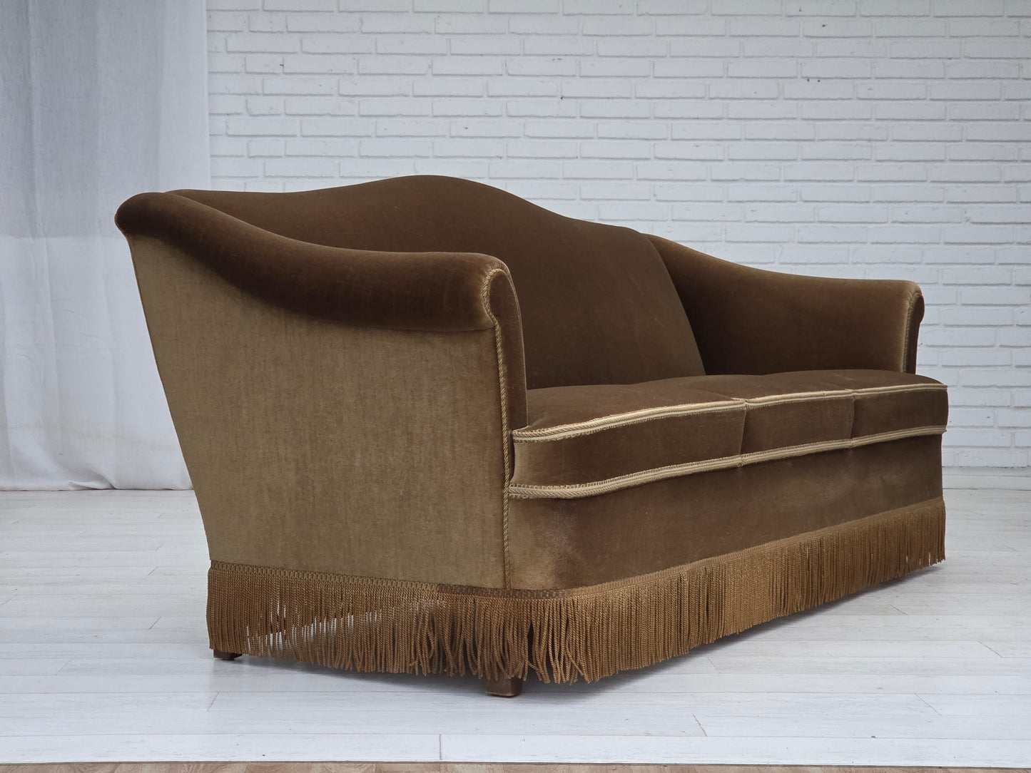 1960s, Danish 3-seater sofa, olive green furniture velour, beech wood.