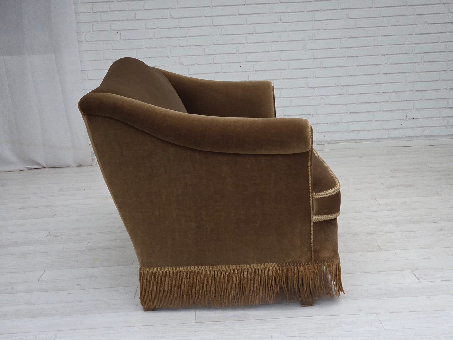 1960s, Danish 3-seater sofa, olive green furniture velour, beech wood.