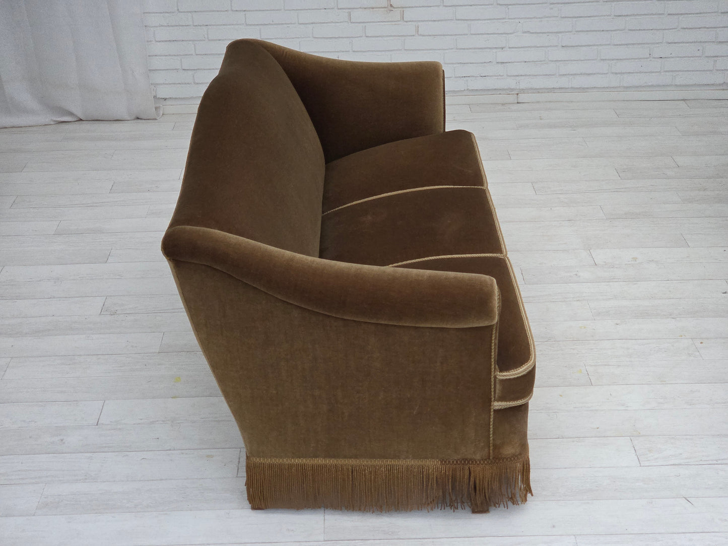 1960s, Danish 3-seater sofa, olive green furniture velour, beech wood.