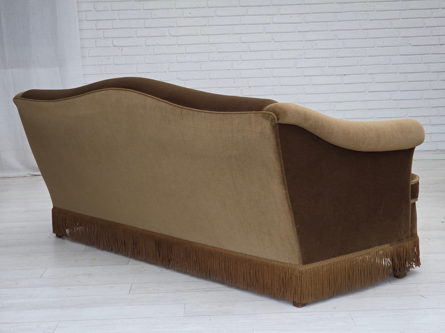 1960s, Danish 3-seater sofa, olive green furniture velour, beech wood.