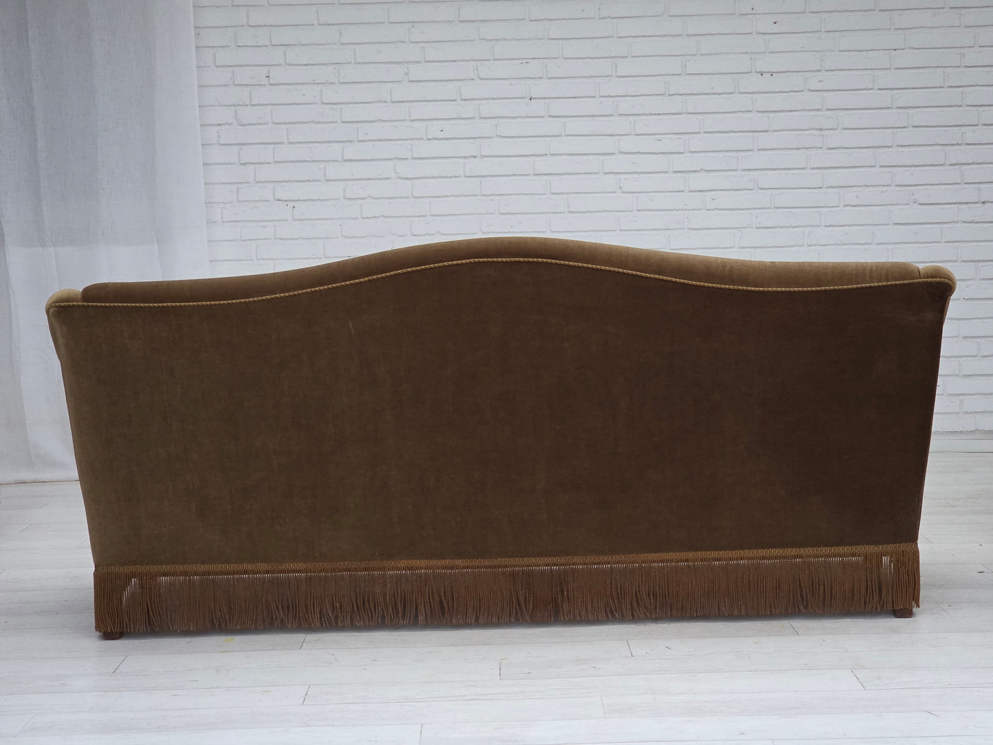 1960s, Danish 3-seater sofa, olive green furniture velour, beech wood.