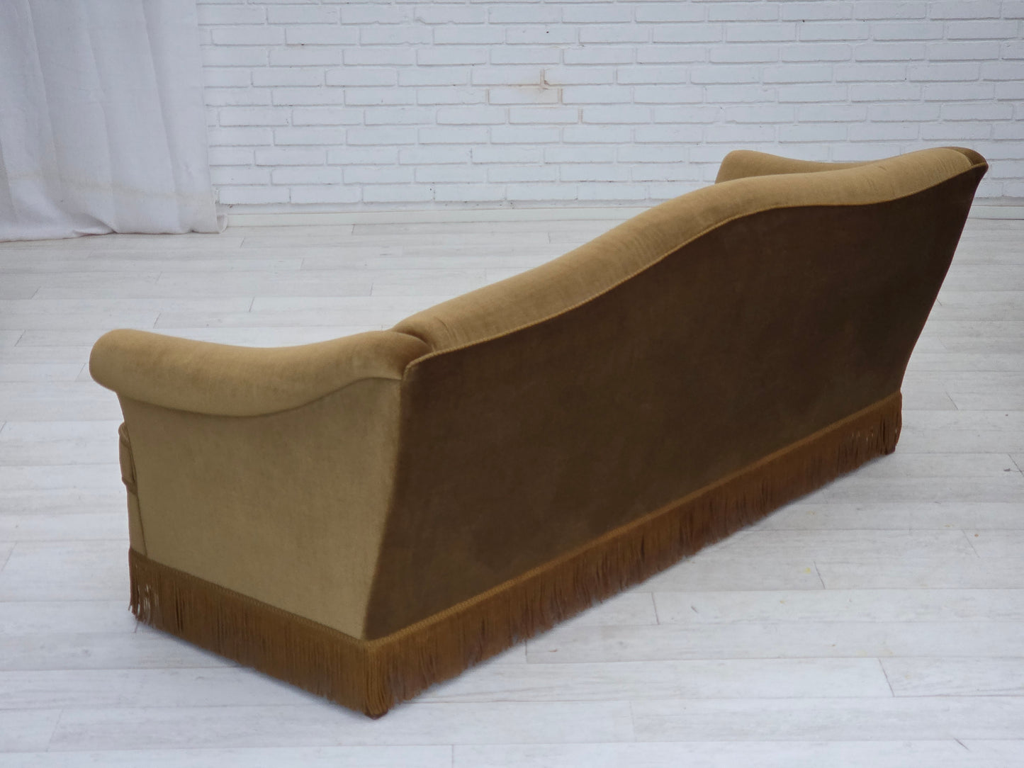 1960s, Danish 3-seater sofa, olive green furniture velour, beech wood.