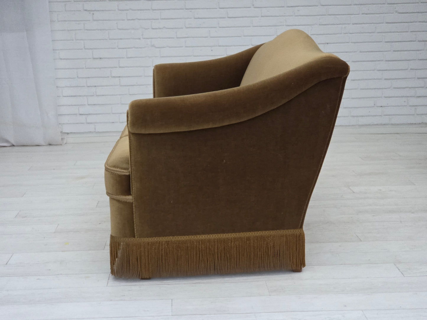 1960s, Danish 3-seater sofa, olive green furniture velour, beech wood.