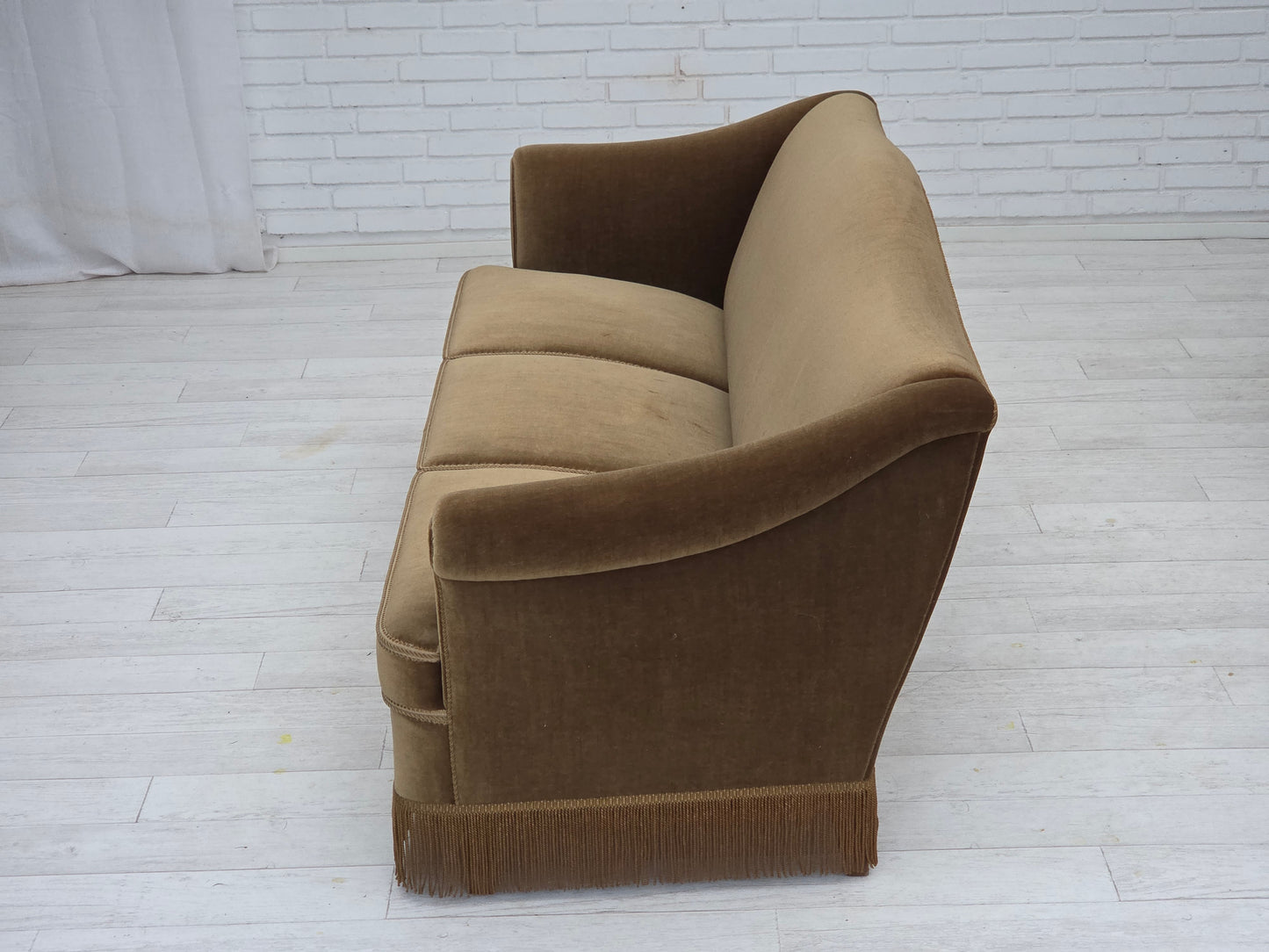 1960s, Danish 3-seater sofa, olive green furniture velour, beech wood.