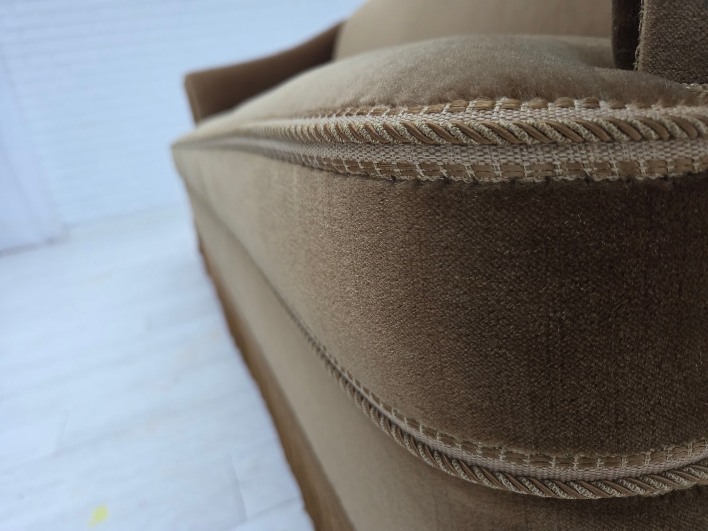 1960s, Danish 3-seater sofa, olive green furniture velour, beech wood.