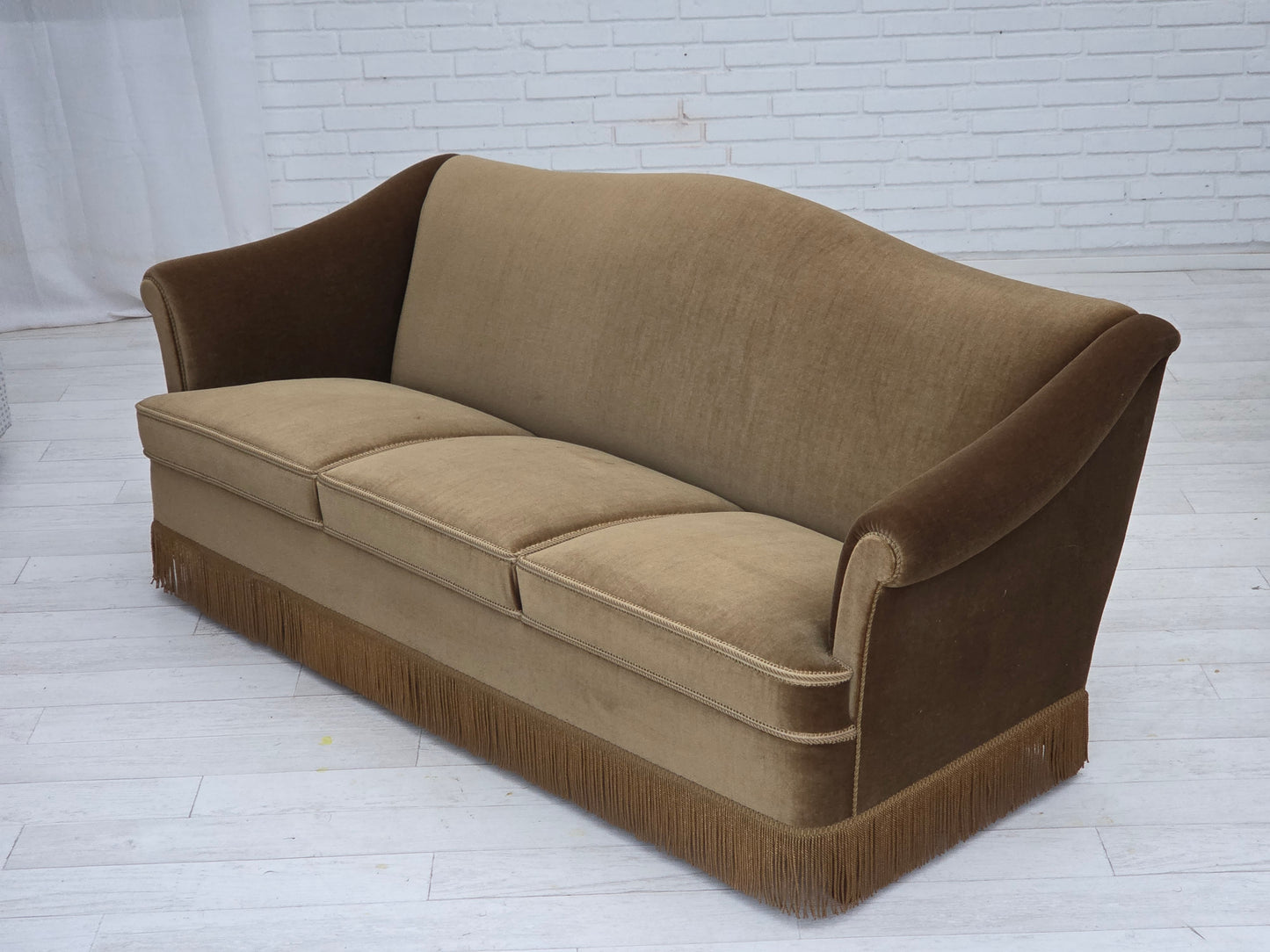 1960s, Danish 3-seater sofa, olive green furniture velour, beech wood.
