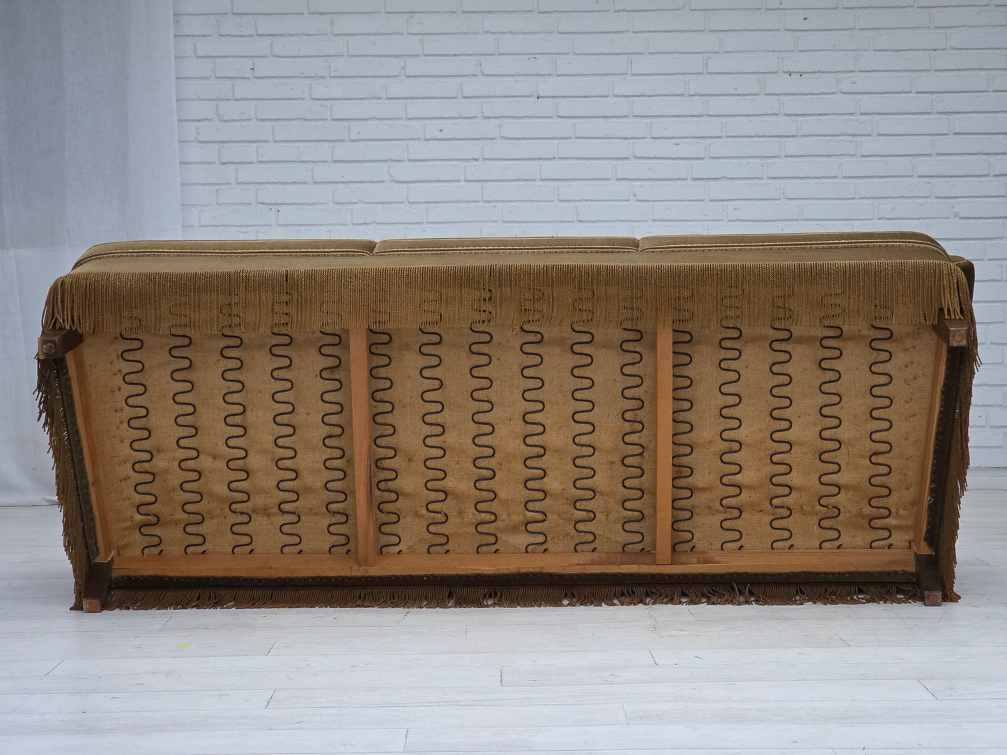 1960s, Danish 3-seater sofa, olive green furniture velour, beech wood.