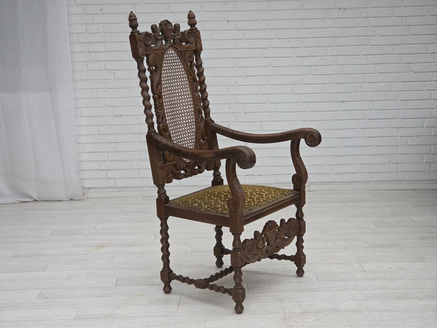 1930s, Danish highback armchair, furniture mesh, velour, hand carved oak wood.