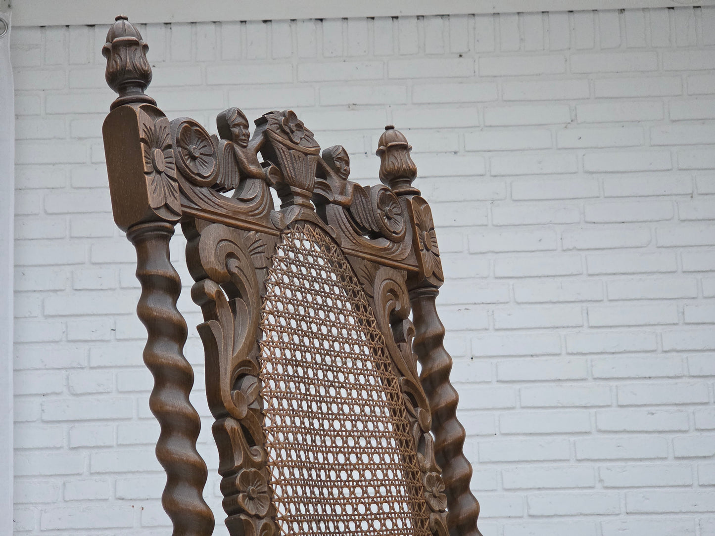 1930s, Danish highback armchair, furniture mesh, velour, hand carved oak wood.