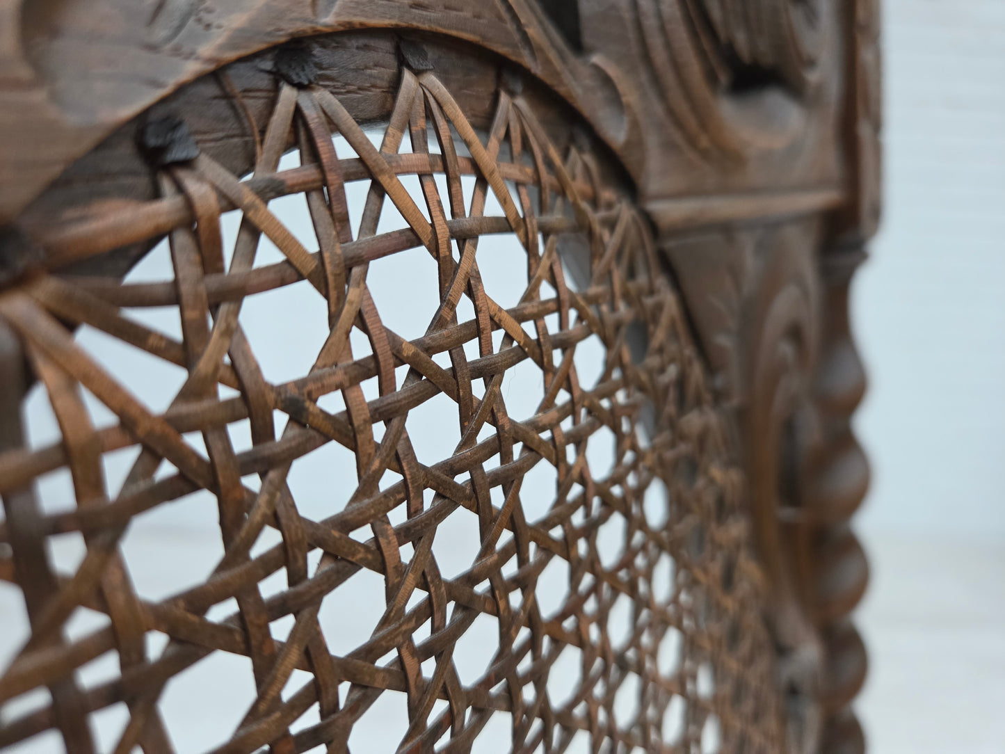 1930s, Danish highback armchair, furniture mesh, velour, hand carved oak wood.