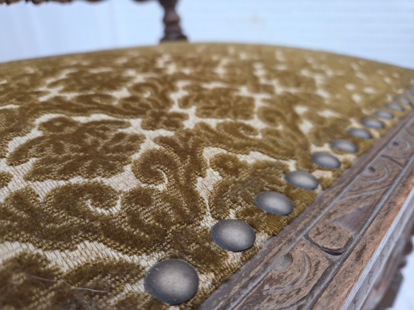 1930s, Danish highback armchair, furniture mesh, velour, hand carved oak wood.