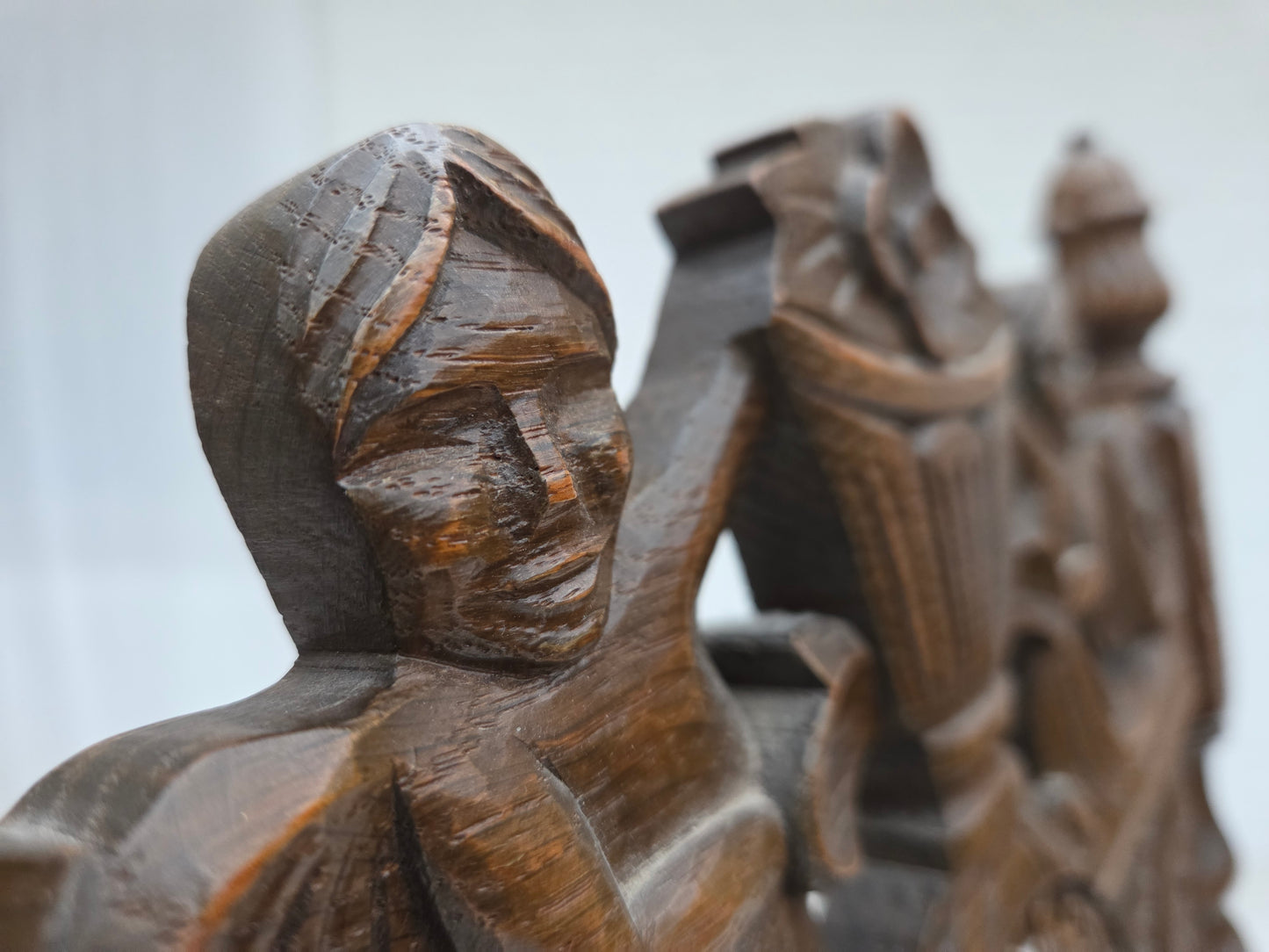 1930s, Danish highback armchair, furniture mesh, velour, hand carved oak wood.