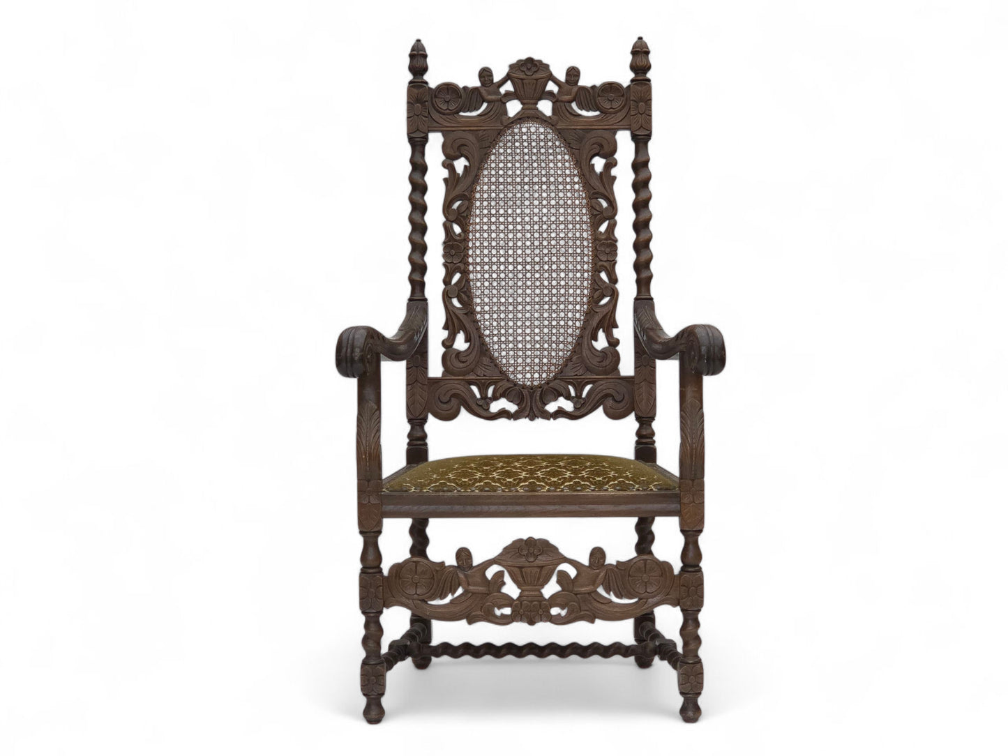 1930s, Danish highback armchair, furniture mesh, velour, hand carved oak wood.