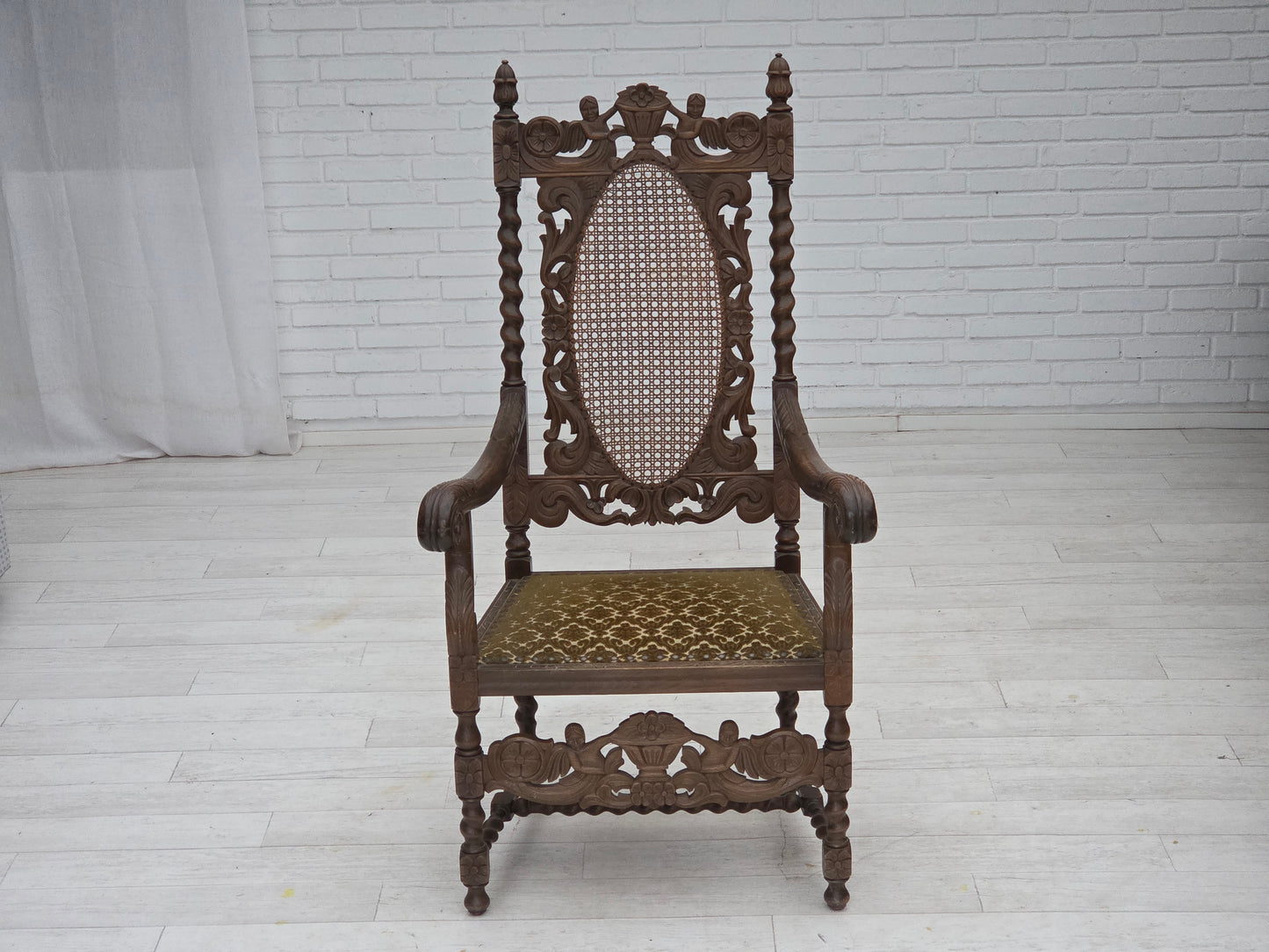 1930s, Danish highback armchair, furniture mesh, velour, hand carved oak wood.